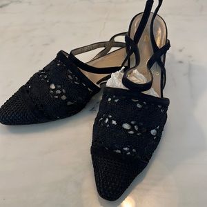 Black low heel sling backs